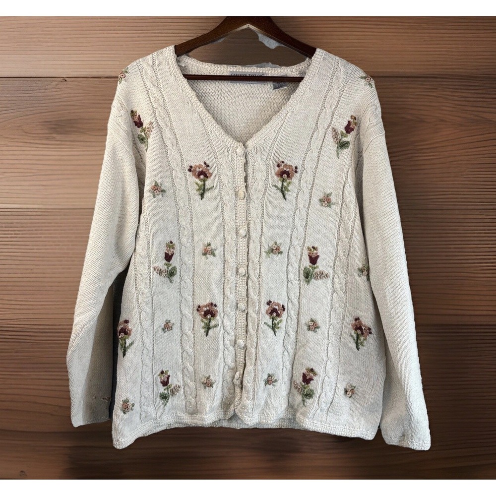 Vintage Cardigan Sweater 3D Embroidered Flowers Pearls M Cream/Beige Cottage